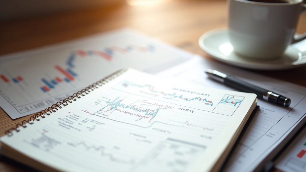 Cahier ouvert avec des notes manuscrites sur l'analyse technique, stylo à côté, tasse de café et graphique imprimé
